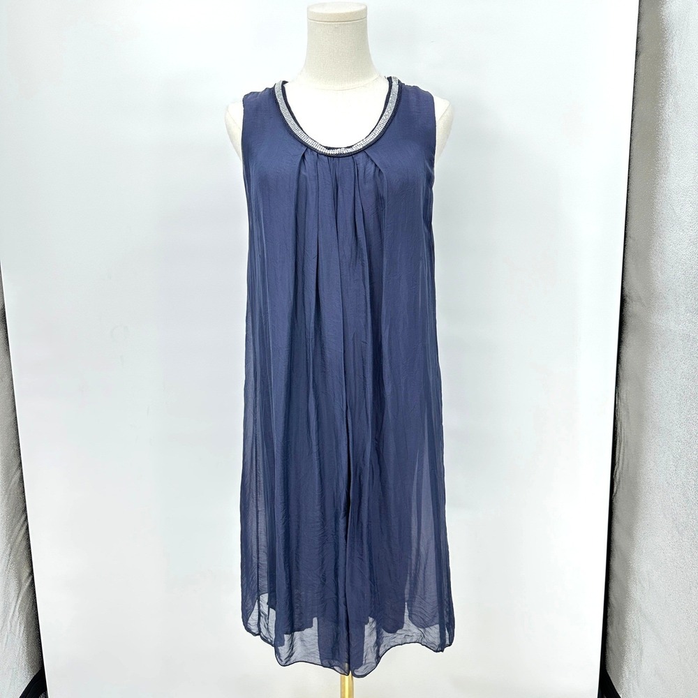 Italian Made Sheer Silk Midi Dress M  Navy Beaded Neckline‎ Resortwear